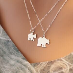Sterling Silver Simple Mama Bear and Baby Bear Necklace Set